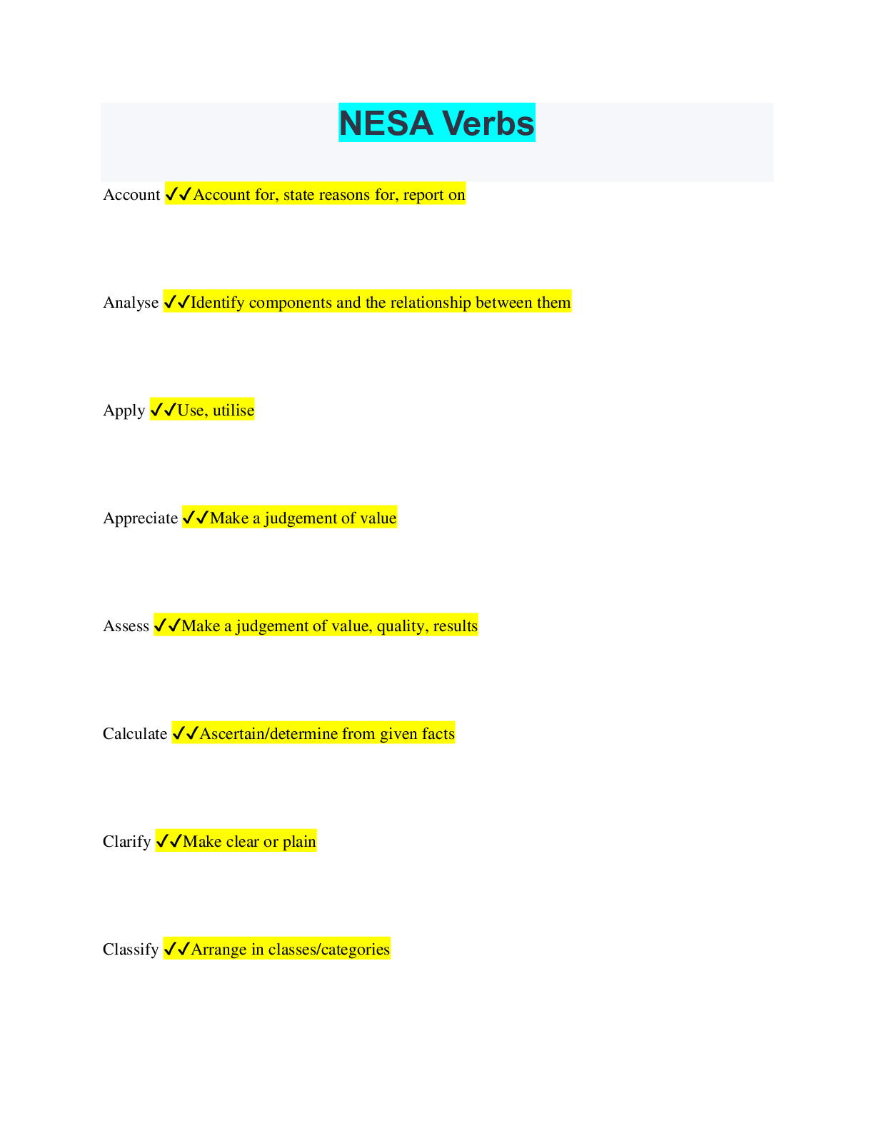 NESA Verbs Browsegrades